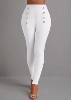 White Button Skinny Elastic Waist High Waisted Pants -LICA Clothing Shop 333478 P 16839798559073