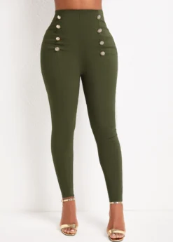 Green Button Skinny Elastic Waist High Waisted Pants