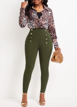 Green Button Skinny Elastic Waist High Waisted Pants -LICA Clothing Shop 333479 P 16839798562164
