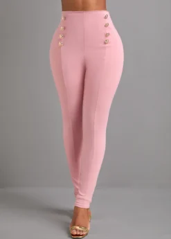 Pink Button Skinny Elastic Waist High Waisted Pants