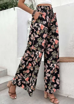 Black Lightweigh Floral Print Elastic Waist Pants -LICA Clothing Shop 333554 P 1683595951567