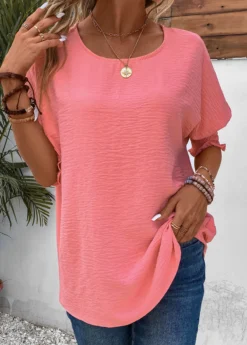 Pink Smocked Half Sleeve Round Neck T Shirt 10 Pink Smocked Half Sleeve Round Neck T Shirt -LICA Clothing Shop 333582 P 16854383920893