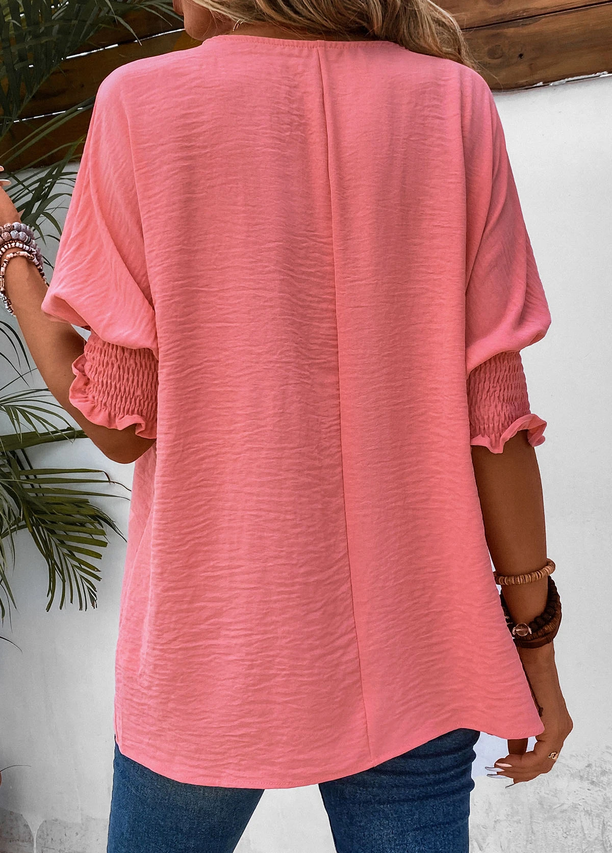 Pink Smocked Half Sleeve Round Neck T Shirt 3 Pink Smocked Half Sleeve Round Neck T Shirt - Image 3