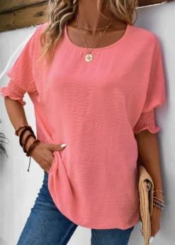 Pink Smocked Half Sleeve Round Neck T Shirt 11 Pink Smocked Half Sleeve Round Neck T Shirt -LICA Clothing Shop 333582 P 16854383924825