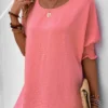 Pink Smocked Half Sleeve Round Neck T Shirt