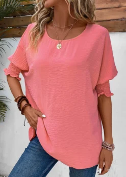 Pink Smocked Half Sleeve Round Neck T Shirt 9 Pink Smocked Half Sleeve Round Neck T Shirt -LICA Clothing Shop 333582 P 16854383928672