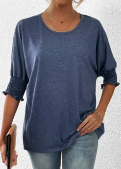 Navy Smocked Half Sleeve Round Neck T Shirt 7 Navy Smocked Half Sleeve Round Neck T Shirt -LICA Clothing Shop 333584 P 16860501321520