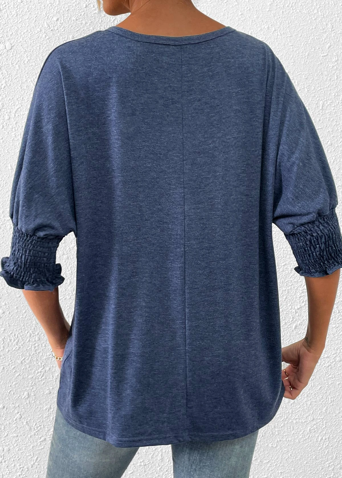 Navy Smocked Half Sleeve Round Neck T Shirt 2 Navy Smocked Half Sleeve Round Neck T Shirt - Image 2