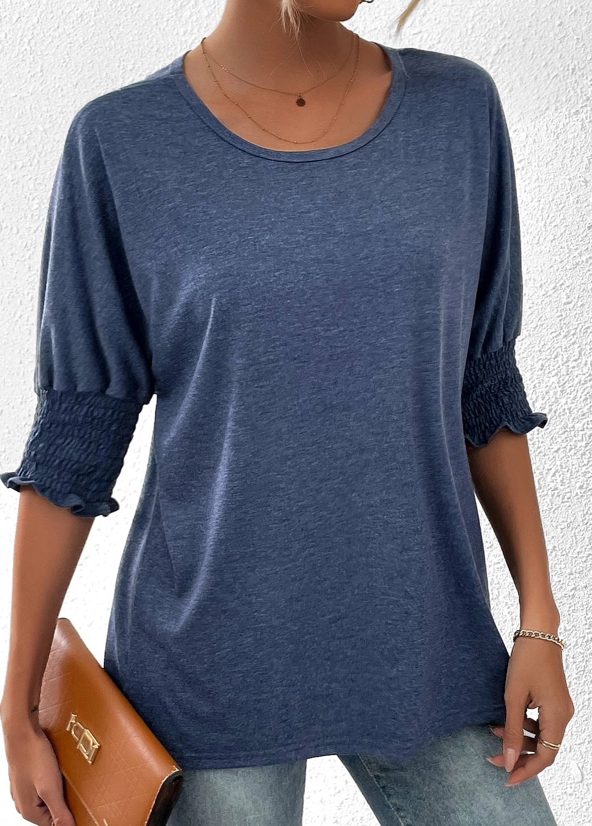 Navy Smocked Half Sleeve Round Neck T Shirt 1 Navy Smocked Half Sleeve Round Neck T Shirt
