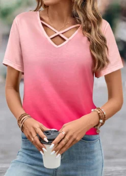Hot Pink Criss Cross Ombre T Shirt -LICA Clothing Shop 333632 P 1683700563279