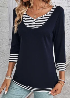 Navy Fake 2in1 Striped T Shirt -LICA Clothing Shop 333952 P 16879426556162