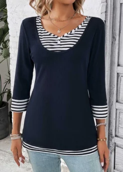 Navy Fake 2in1 Striped T Shirt -LICA Clothing Shop 333952 P 16879426557904