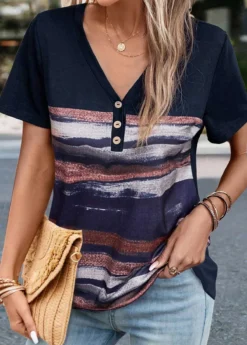 Navy Button Striped Short Sleeve T Shirt -LICA Clothing Shop 334043 P 1683886548554