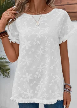 White Embroidery Short Sleeve Boat Neck T Shirt
