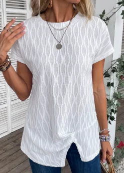 White Twist Short Sleeve Round Neck T Shirt -LICA Clothing Shop 334510 P 16866391234113