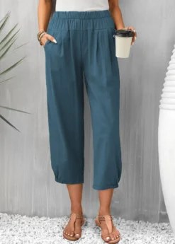 Peacock Blue Pocket Elastic Waist Pants