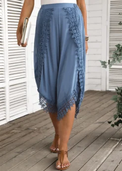 Dusty Blue Lace Elastic Waist High Waisted Pants -LICA Clothing Shop 335607 P 16883784813954