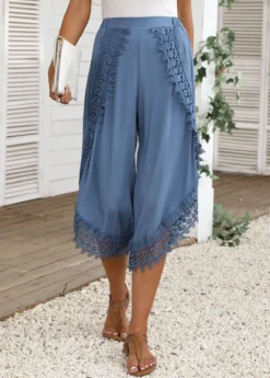 Dusty Blue Lace Elastic Waist High Waisted Pants