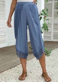 Dusty Blue Lace Elastic Waist High Waisted Pants -LICA Clothing Shop 335607 P 16883784816873