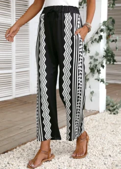 Black Pocket Geometric Print Regular Elastic Waist Pants -LICA Clothing Shop 335673 P 16884662972782