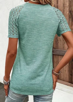 Green Lace Short Sleeve V Neck T Shirt -LICA Clothing Shop 336109 P 16871565991201