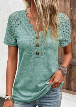 Green Lace Short Sleeve V Neck T Shirt -LICA Clothing Shop 336109 P 16871565994390