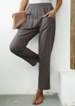 Dark Grey Pocket Elastic Waist High Waisted Pants -LICA Clothing Shop 336148 P 16883784909633