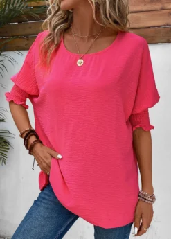 Hot Pink Smocked Half Sleeve T Shirt -LICA Clothing Shop 336544 P 16873430852922