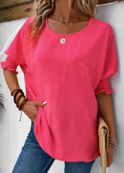 Hot Pink Smocked Half Sleeve T Shirt -LICA Clothing Shop 336544 P 16873430855095
