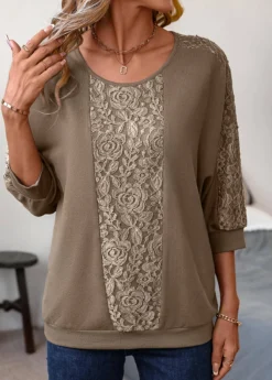 Lace Light Coffee Patchwork T Shirt -LICA Clothing Shop 337003 P 16909409922013