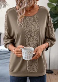 Lace Light Coffee Patchwork T Shirt -LICA Clothing Shop 337003 P 16909409924245