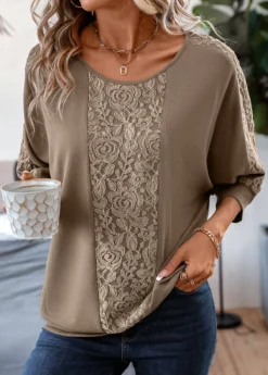 Lace Light Coffee Patchwork T Shirt