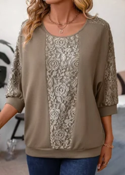 Lace Light Coffee Patchwork T Shirt -LICA Clothing Shop 337003 P 16909409929972