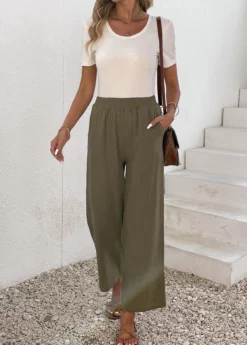 Olive Green Pocket Elastic Waist High Waisted Pants -LICA Clothing Shop 337052 P 16896776448643