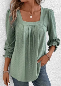 Green Smocked Long Sleeve Square Neck T Shirt -LICA Clothing Shop 337554 P 16897662700054