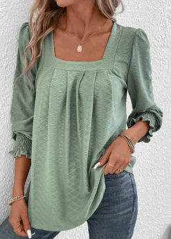 Green Smocked Long Sleeve Square Neck T Shirt -LICA Clothing Shop 337554 P 16897662700845
