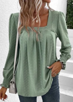 Green Smocked Long Sleeve Square Neck T Shirt