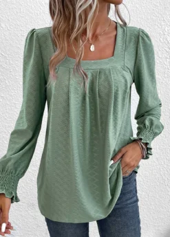 Green Smocked Long Sleeve Square Neck T Shirt -LICA Clothing Shop 337554 P 16897662703933