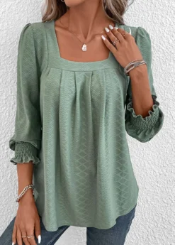 Green Smocked Long Sleeve Square Neck T Shirt -LICA Clothing Shop 337554 P 16897662706842