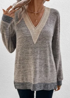 Light Camel Patchwork Long Sleeve V Neck T Shirt -LICA Clothing Shop 337578 P 16896772561425