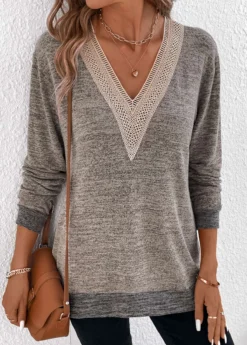 Light Camel Patchwork Long Sleeve V Neck T Shirt -LICA Clothing Shop 337578 P 16896772565581