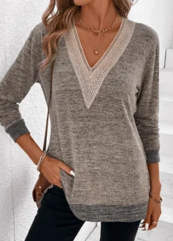 Light Camel Patchwork Long Sleeve V Neck T Shirt -LICA Clothing Shop 337578 P 16896772566422