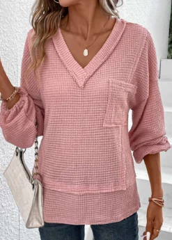 Pink Patchwork Long Sleeve V Neck T Shirt 9 Pink Patchwork Long Sleeve V Neck T Shirt -LICA Clothing Shop 337594 P 16898486951962