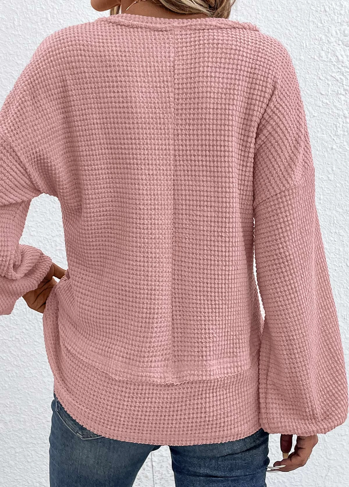 Pink Patchwork Long Sleeve V Neck T Shirt 2 Pink Patchwork Long Sleeve V Neck T Shirt - Image 2