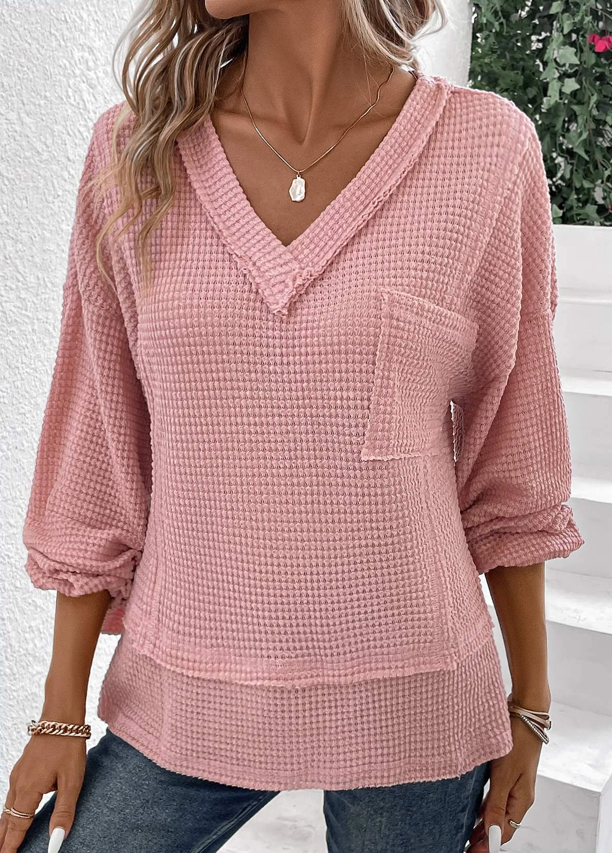 Pink Patchwork Long Sleeve V Neck T Shirt 3 Pink Patchwork Long Sleeve V Neck T Shirt - Image 3
