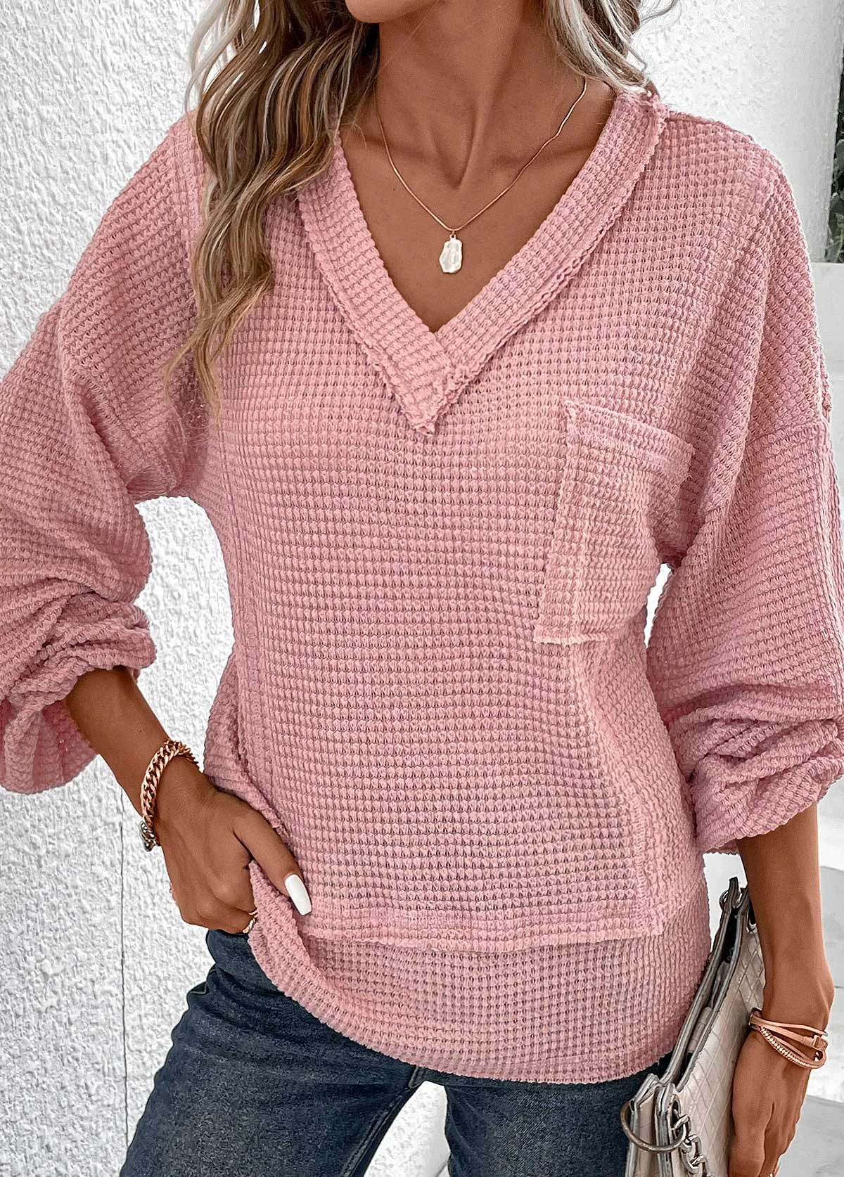 Pink Patchwork Long Sleeve V Neck T Shirt 5 Pink Patchwork Long Sleeve V Neck T Shirt - Image 5
