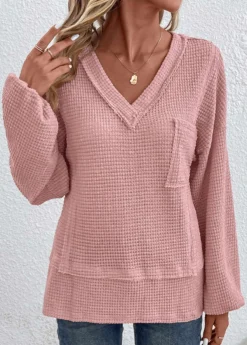 Pink Patchwork Long Sleeve V Neck T Shirt 11 Pink Patchwork Long Sleeve V Neck T Shirt -LICA Clothing Shop 337594 P 16898486956935