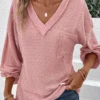 Pink Patchwork Long Sleeve V Neck T Shirt