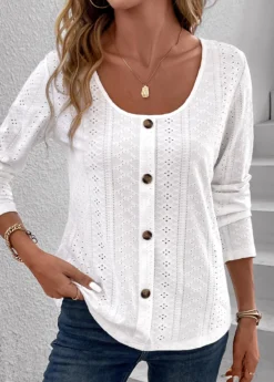 White Button Long Sleeve Scoop Neck Hollow T Shirt -LICA Clothing Shop 338014 P 16898486820275