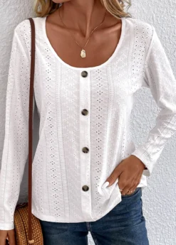 White Button Long Sleeve Scoop Neck Hollow T Shirt -LICA Clothing Shop 338014 P 16898486820644